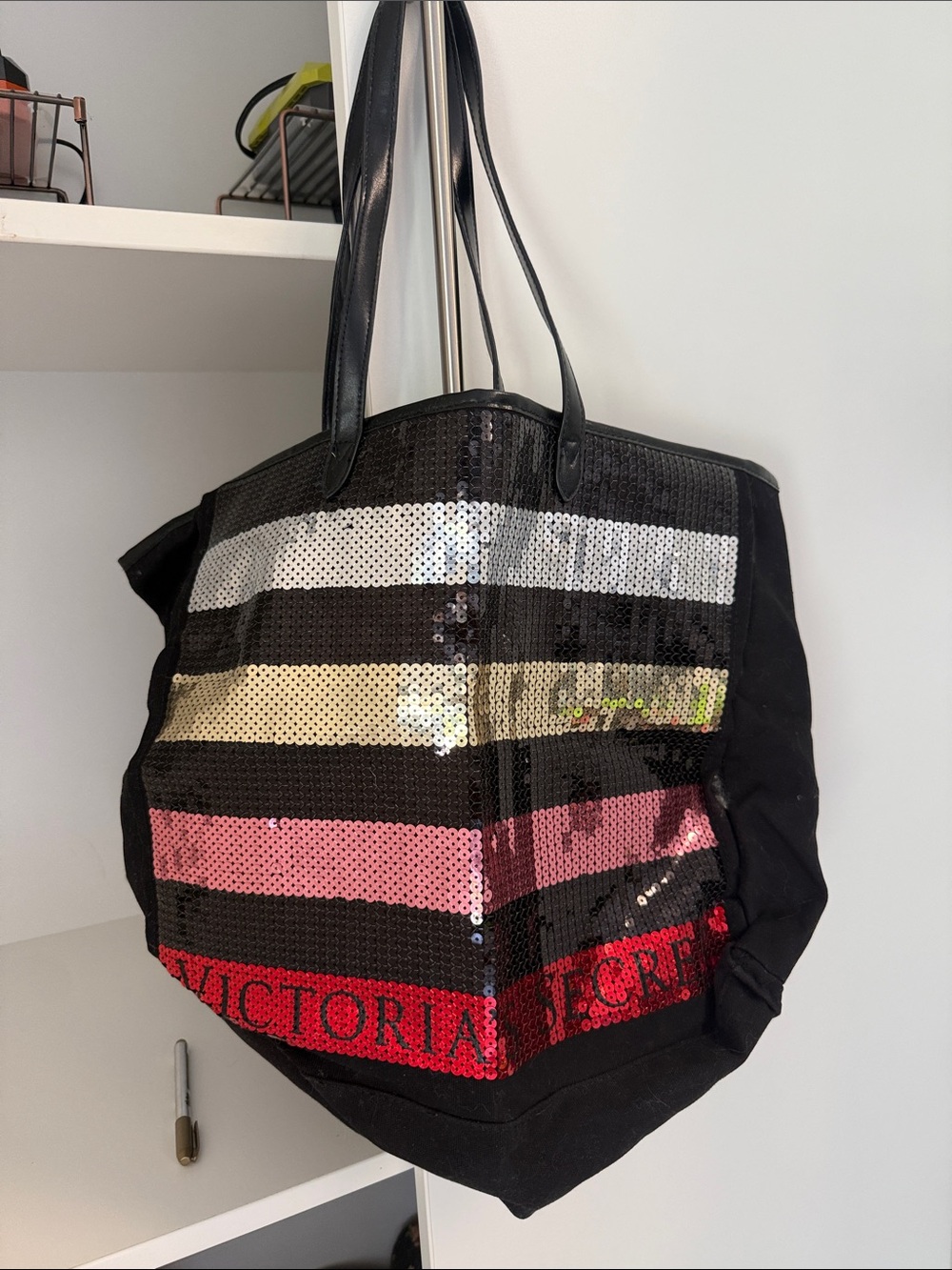 Victoria's Secret Black Sequin Stripe Tote with Pink & Gold Accents